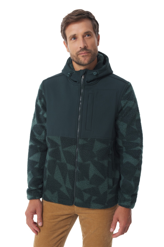 Veste polaire sherpa à capuche motifs voile vert kaki | Mousqueton