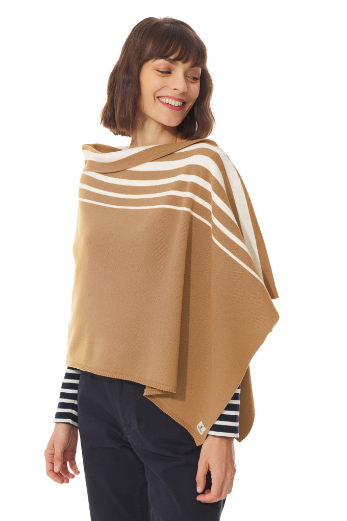 Poncho femme rayé beige foncé | Mousqueton