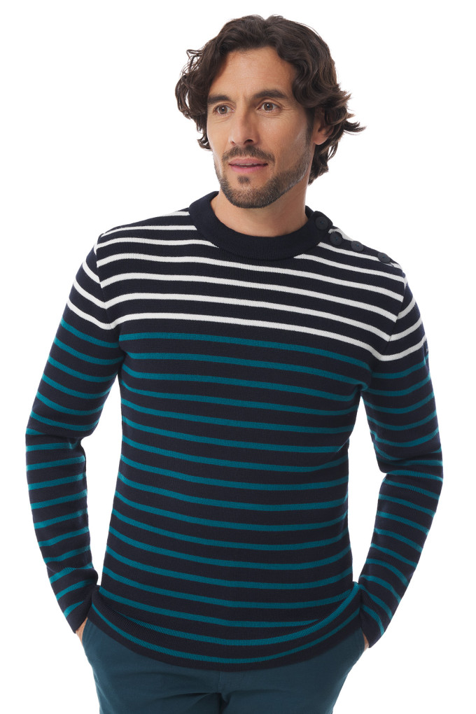 Pull marin homme rayé vert émeraude et bleu marine | Mousqueton