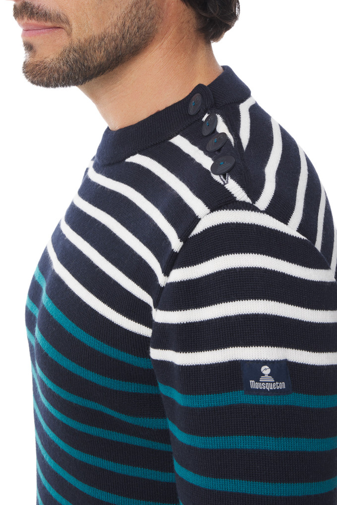 Pull marin homme rayé vert émeraude et bleu marine | Mousqueton