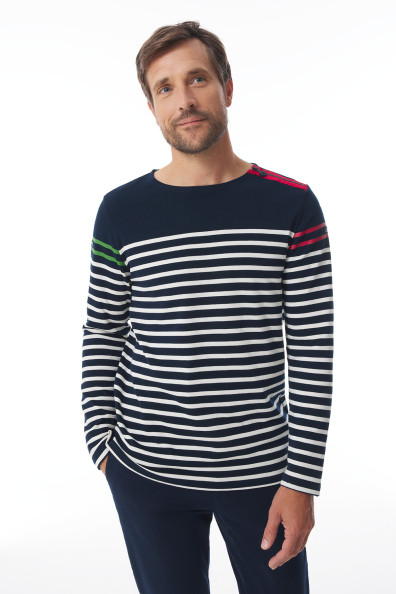 Marinière homme manches longues bleu marine zippée rouge et verte | Mousqueton