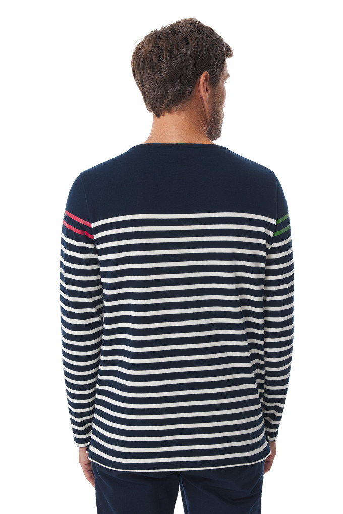 Marinière homme manches longues bleu marine zippée rouge et verte | Mousqueton