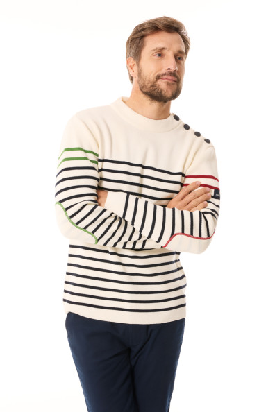 Pull marin bâbord tribord rayé écru bleu marine | Mousqueton