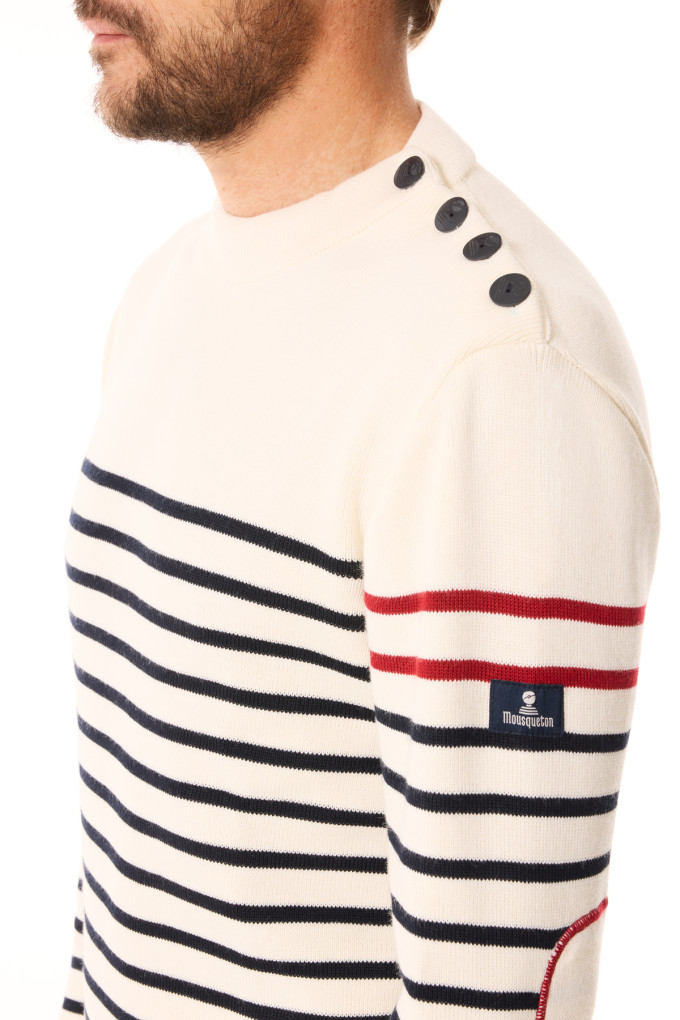 Pull marin bâbord tribord rayé écru bleu marine | Mousqueton