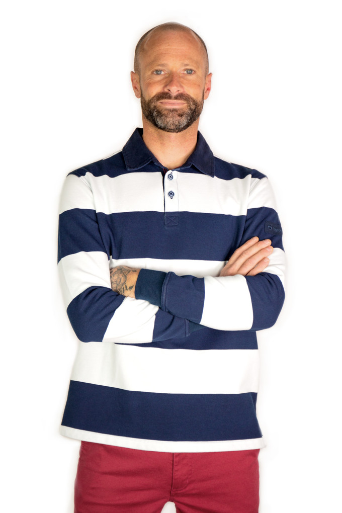 Men's white and navy blue rugby polo shirt | Mousqueton