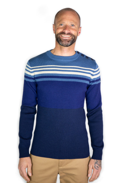 Pull en laine Homme made in France rayé gris et bleu | Mousqueton