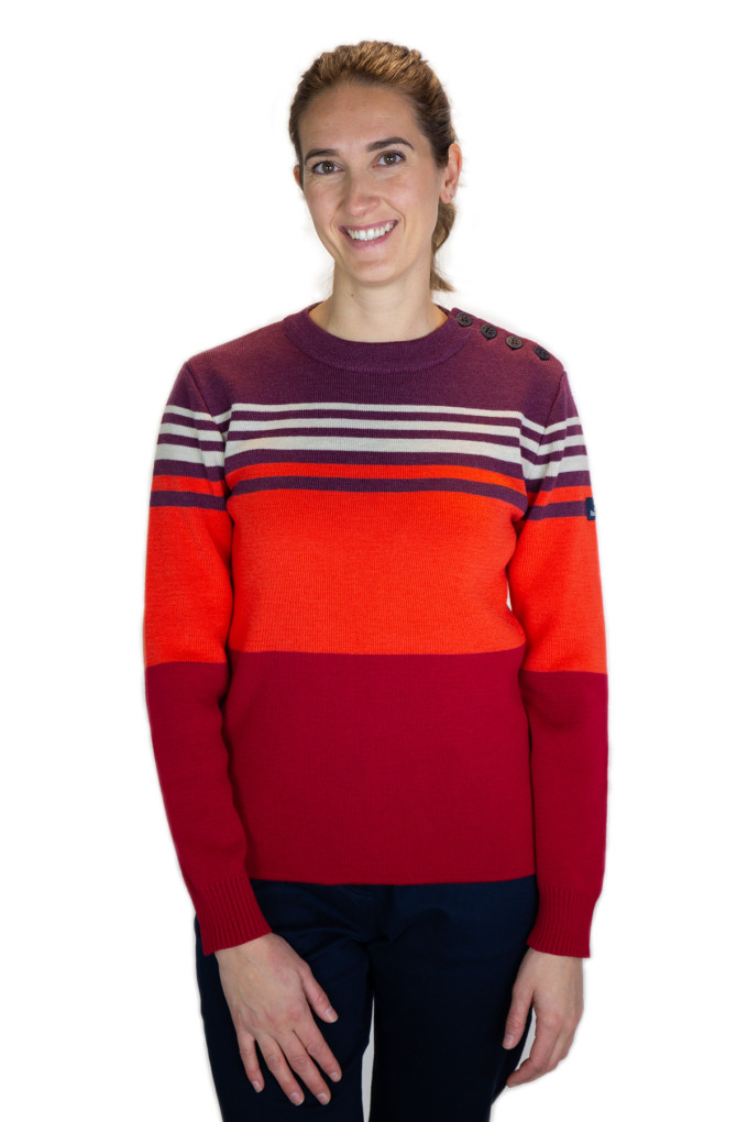 Women's orange and brick striped wool sweater made in France | Mousqueton