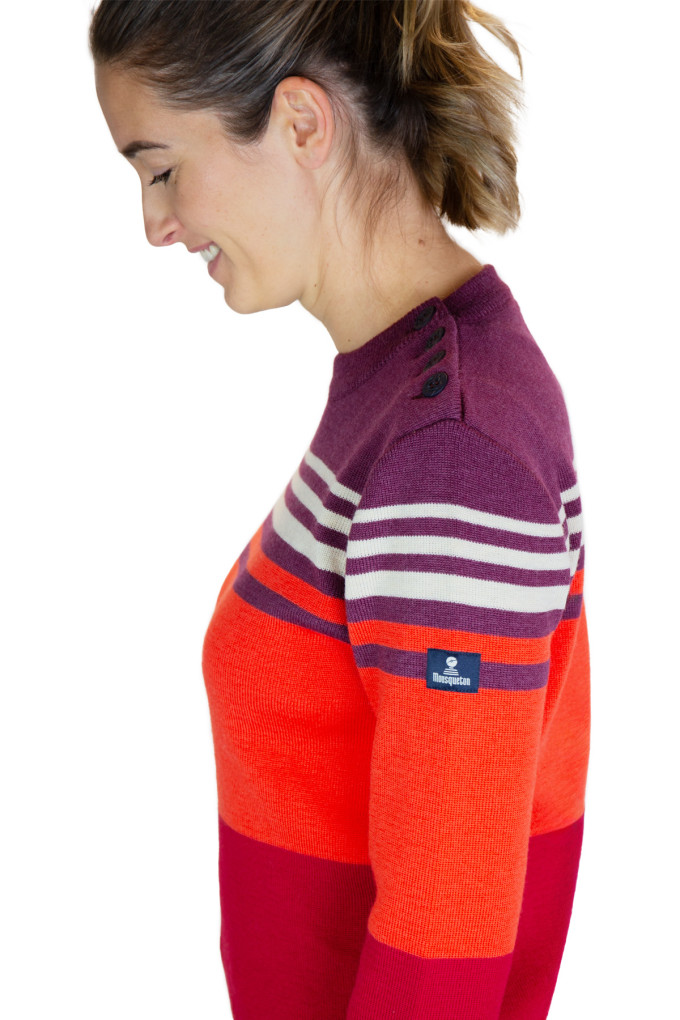Women's orange and brick striped wool sweater made in France | Mousqueton