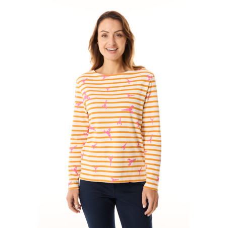 Marinière bicolore femme jaune orangé motifs homard | Mousqueton