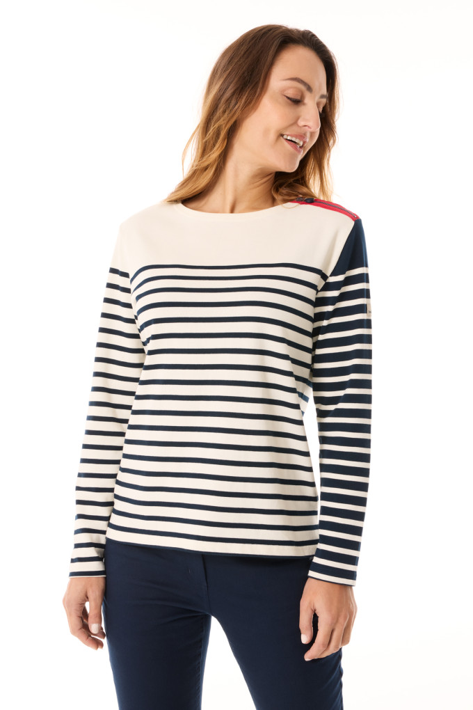 Marinière asymétrique Femme en coton écru marine | Mousqueton