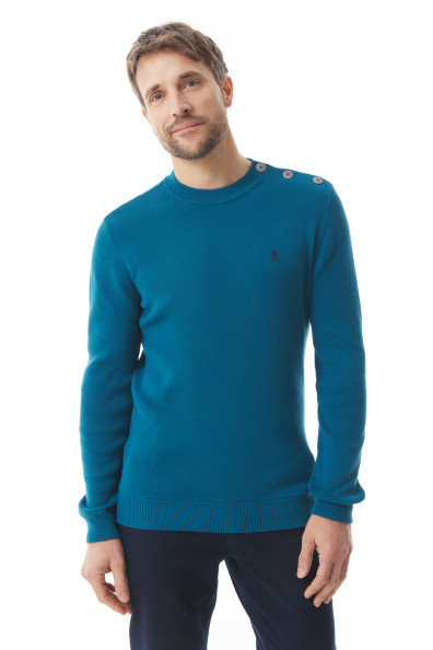 Pull uni en tricot col rond bleu abysse | Mousqueton