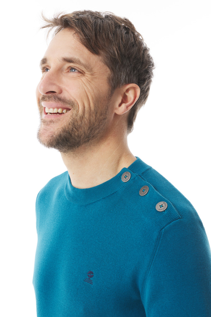 Pull uni en tricot col rond bleu abysse | Mousqueton