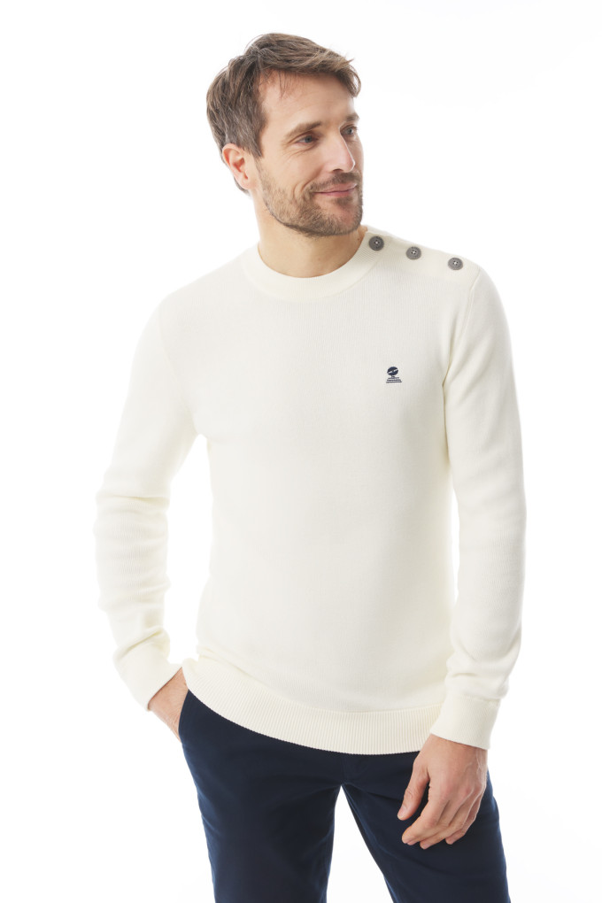 Pull uni en tricot col rond blanc écru | Mousqueton