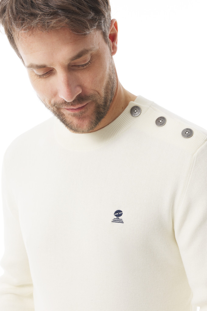 Pull uni en tricot col rond blanc écru | Mousqueton