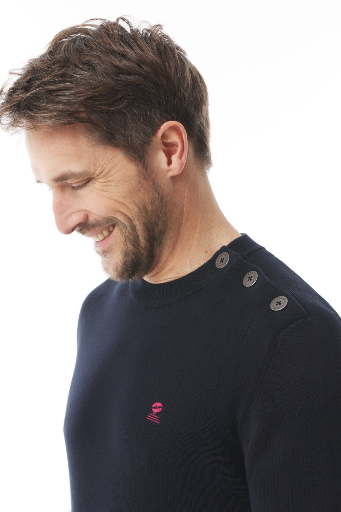 Pull uni en tricot col rond bleu marine | Mousqueton