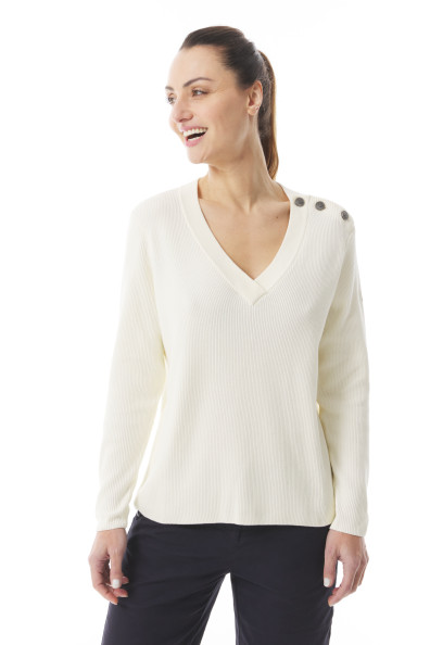 Pull en tricot col V et épaule boutonnée blanc écru | Mousqueton