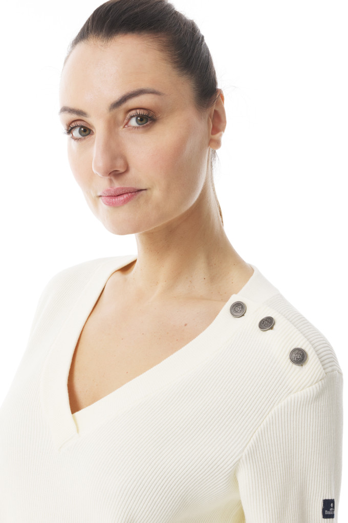 Pull en tricot col V et épaule boutonnée blanc écru | Mousqueton