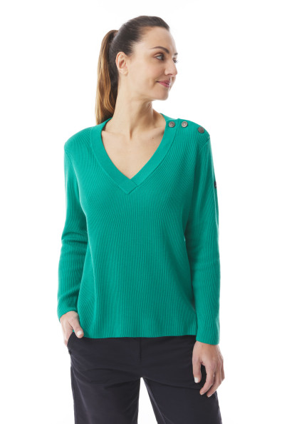 Pull en tricot col V et épaule boutonnée vert jade | Mousqueton