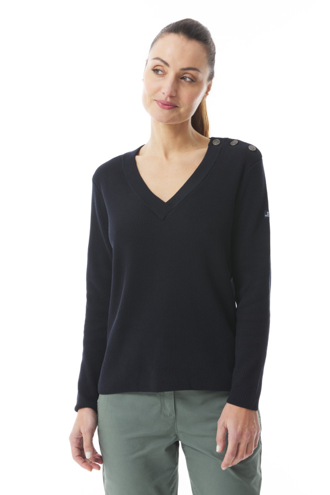 Pull en tricot col V et épaule boutonnée bleu marine | Mousqueton