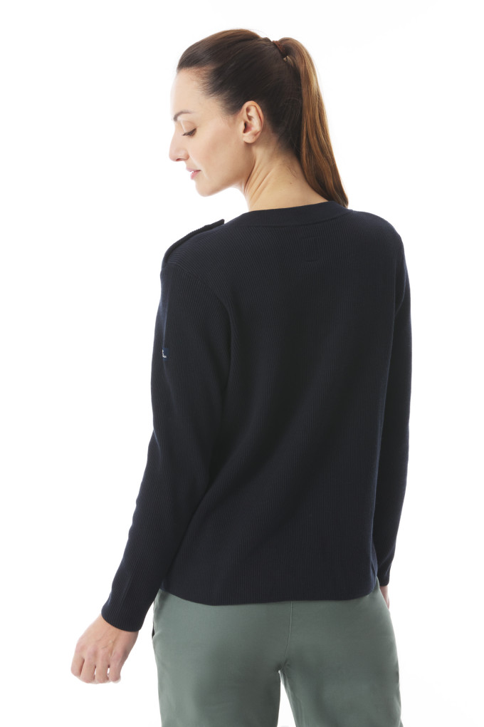 Pull en tricot col V et épaule boutonnée bleu marine | Mousqueton