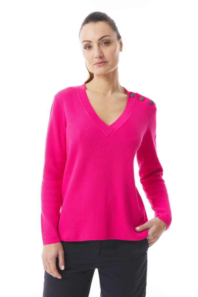 Pull en tricot col V et épaule boutonnée rose fuchsia | Mousqueton