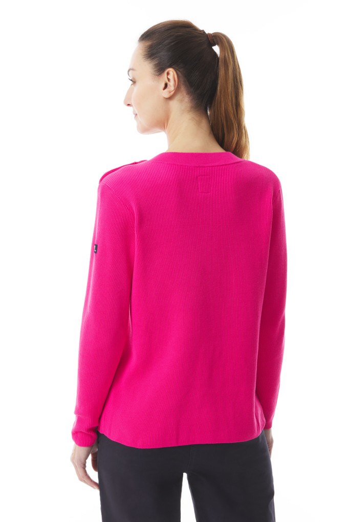 Pull en tricot col V et épaule boutonnée rose fuchsia | Mousqueton