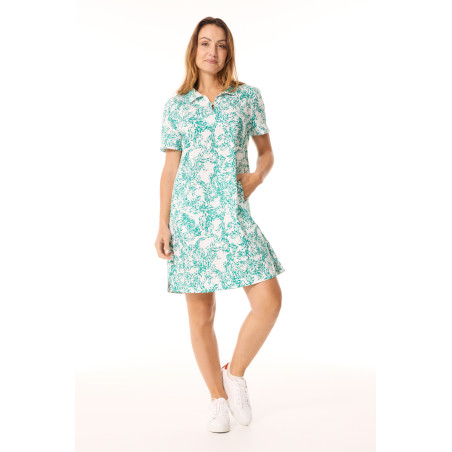 Women's short-sleeved dress with jade green fish pattern | Mousqueton