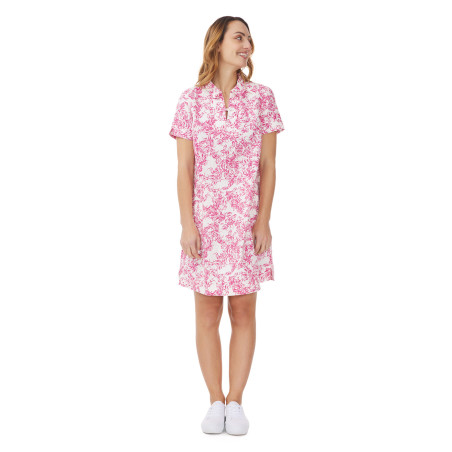 Women's short-sleeved dress with fuchsia pink fish pattern | Mousqueton