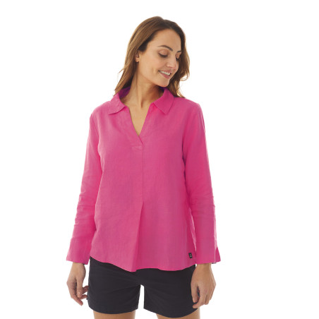 Women's plain fuchsia pink V-neck blouse | Mousqueton