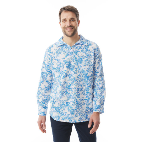 Lightweight men's shirt with sky blue fish pattern | Mousqueton