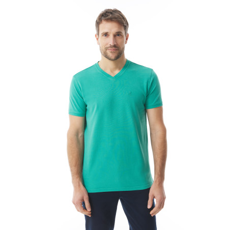 T-shirt col V en coton épais vert jade | Mousqueton