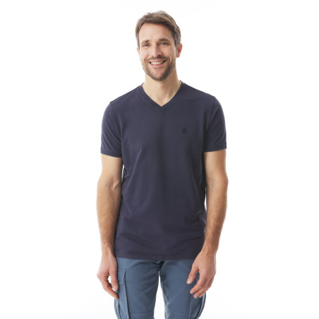 T-shirt col V en coton épais bleu marine | Mousqueton