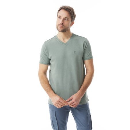 T-shirt col V en coton épais vert kaki | Mousqueton