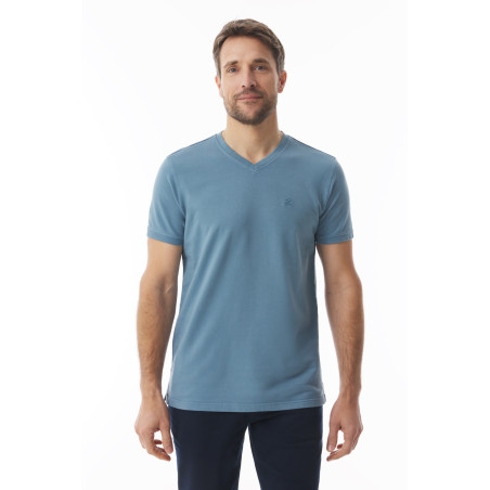 T-shirt col V en coton épais bleu provencal | Mousqueton