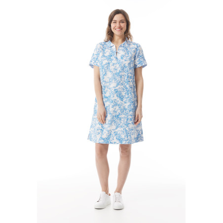 Women's short-sleeved dress with sky blue fish pattern | Mousqueton