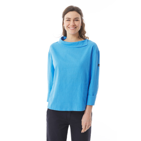 Women's blouse with asymmetrical collar in sky blue | Mousqueton