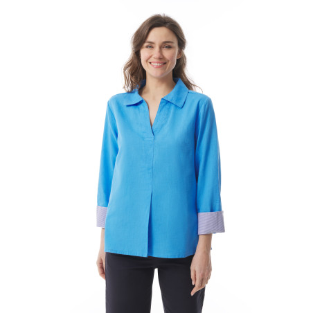 Women's plain sky blue V-neck blouse | Mousqueton
