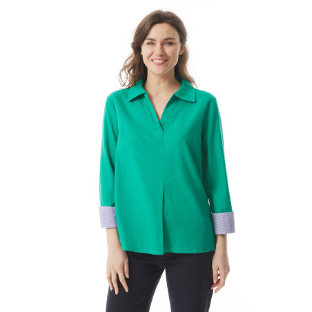 Women's plain jade green V-neck blouse | Mousqueton