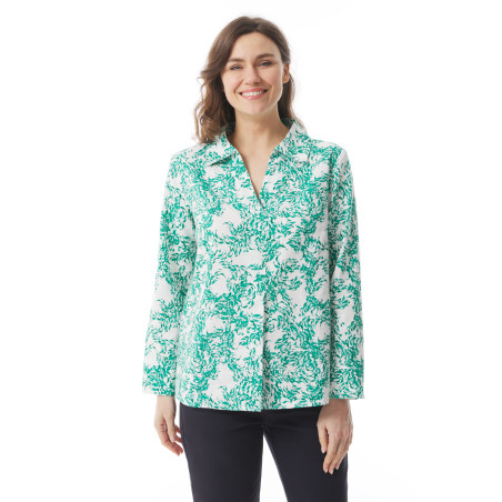 Women's V-neck blouse with jade green fish pattern | Mousqueton