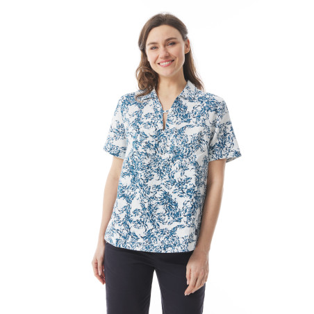 Summer tunic with sailor collar and abyssal blue fish print | Mousqueton