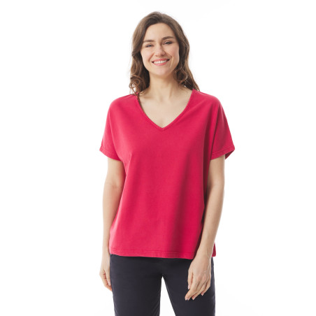 T-shirt col V femme en coton bio rouge carmin I Mousqueton