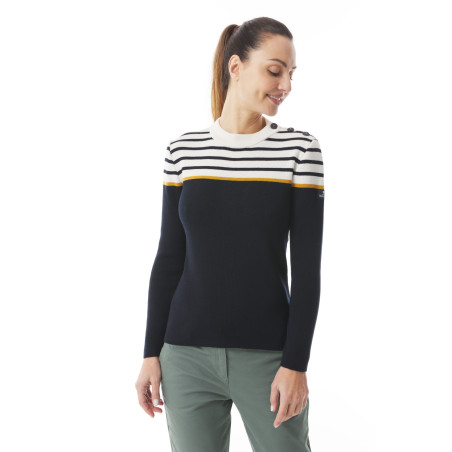 Women's multicolored navy blue and orange-yellow striped sailor sweater | Mousqueton