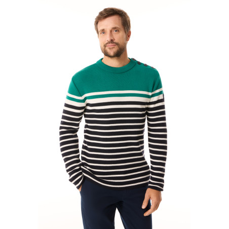 Pull marin homme rayé vert jade et bleu marine | Mousqueton