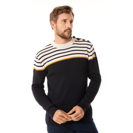 Pull marin homme rayé bleu marine et jaune orangé | Mousqueton