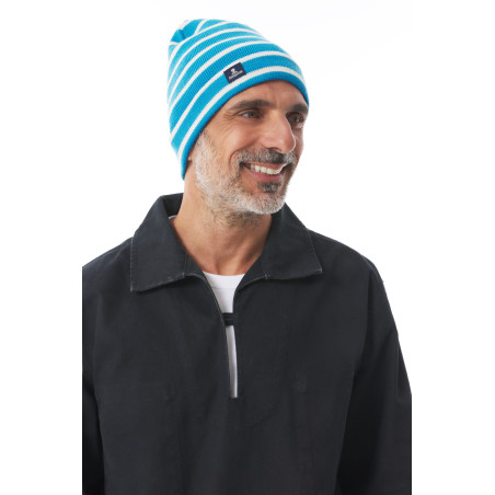 Sky blue striped beanie with turn-up | Mousqueton