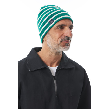 Jade green cuffed beanie with stripes| Mousqueton