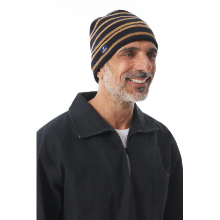 Navy blue and beige cuffed beanie with stripes| Mousqueton