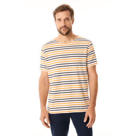 T-shirt rayé manches courtes homme jaune orangé et bleu marine | Mousqueton