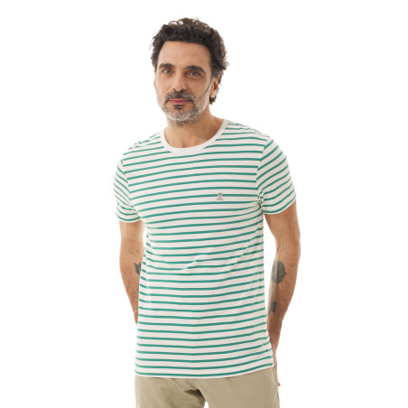 Men's short-sleeved round-neck striped T-shirt in jade green | Mousqueton