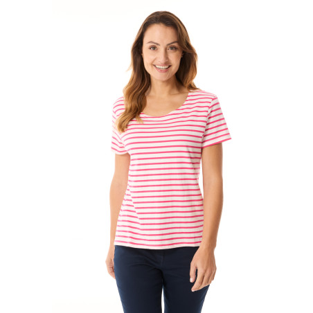T-shirt rayé manches courtes femme rose fuschia | Mousqueton